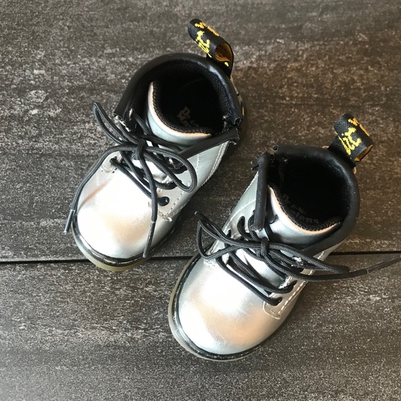 Dr. Martens Baby Lace Up Grey Silver Boots - Picture 4 of 7